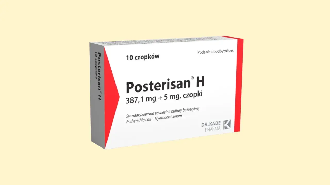 Opakowanie czopków Posterisan H, zawierające 10 sztuk. Preparat na bazie bakterii Escherichia coli i hydrokortyzonu.