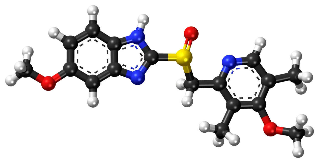 Model cząsteczki leku mesopral 40 mg. Atom węgla, wodoru, azotu, tlenu i siarki.