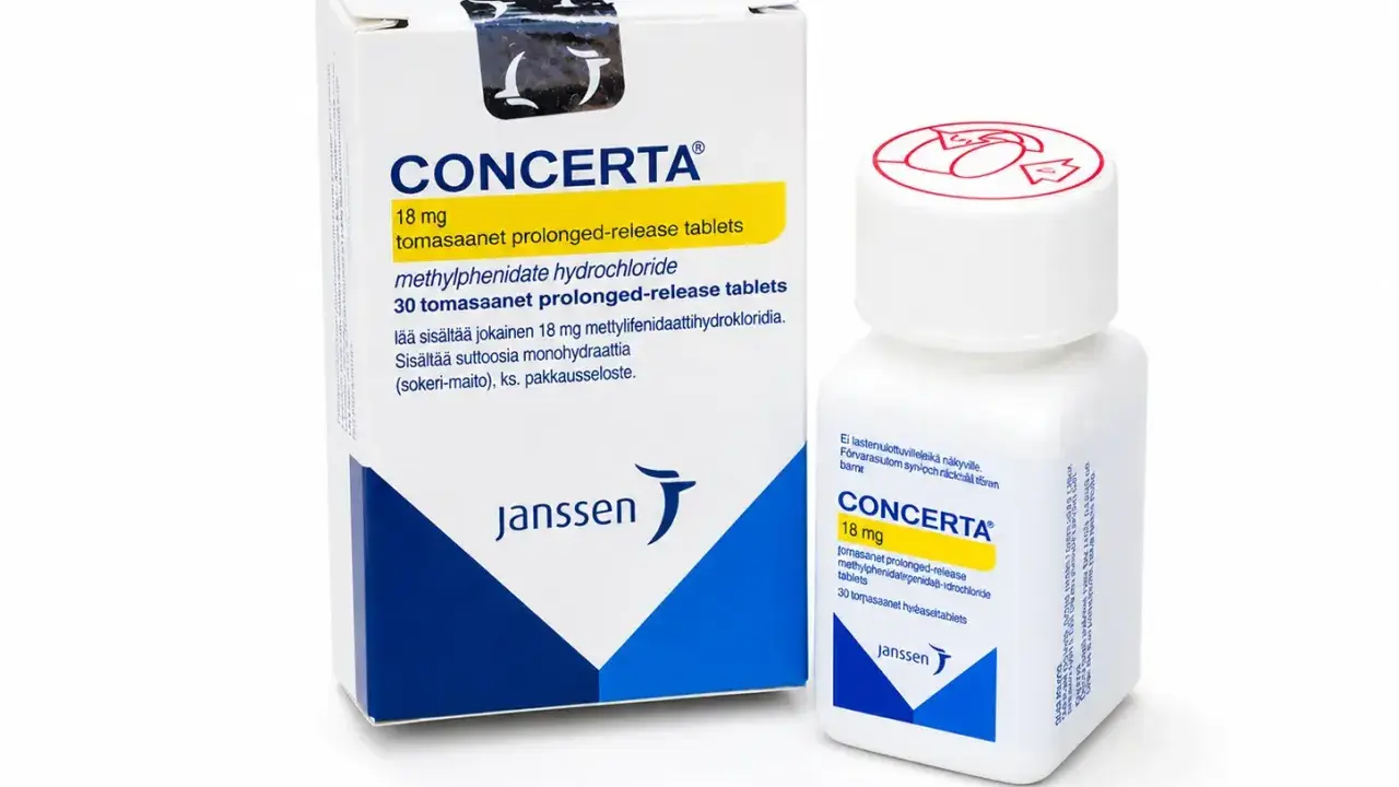 Opakowanie i butelka leku CONCERTA 18 mg, zawierającego metylofenidatu chlorowodorek.
