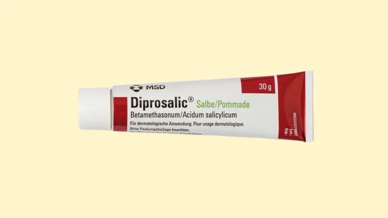 Maść Diprosalic na zapalenie mieszków włosowych, 30g. Zawiera betametazon i kwas salicylowy.