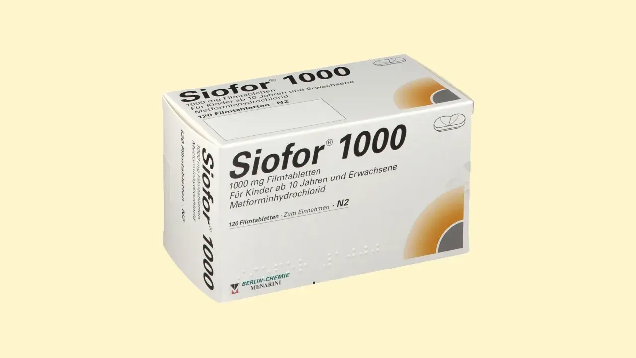 Opakowanie leku Siofor 1000 mg, zawierające 120 tabletek powlekanych z metforminą. Stosowany u dzieci od 10 lat i dorosłych.