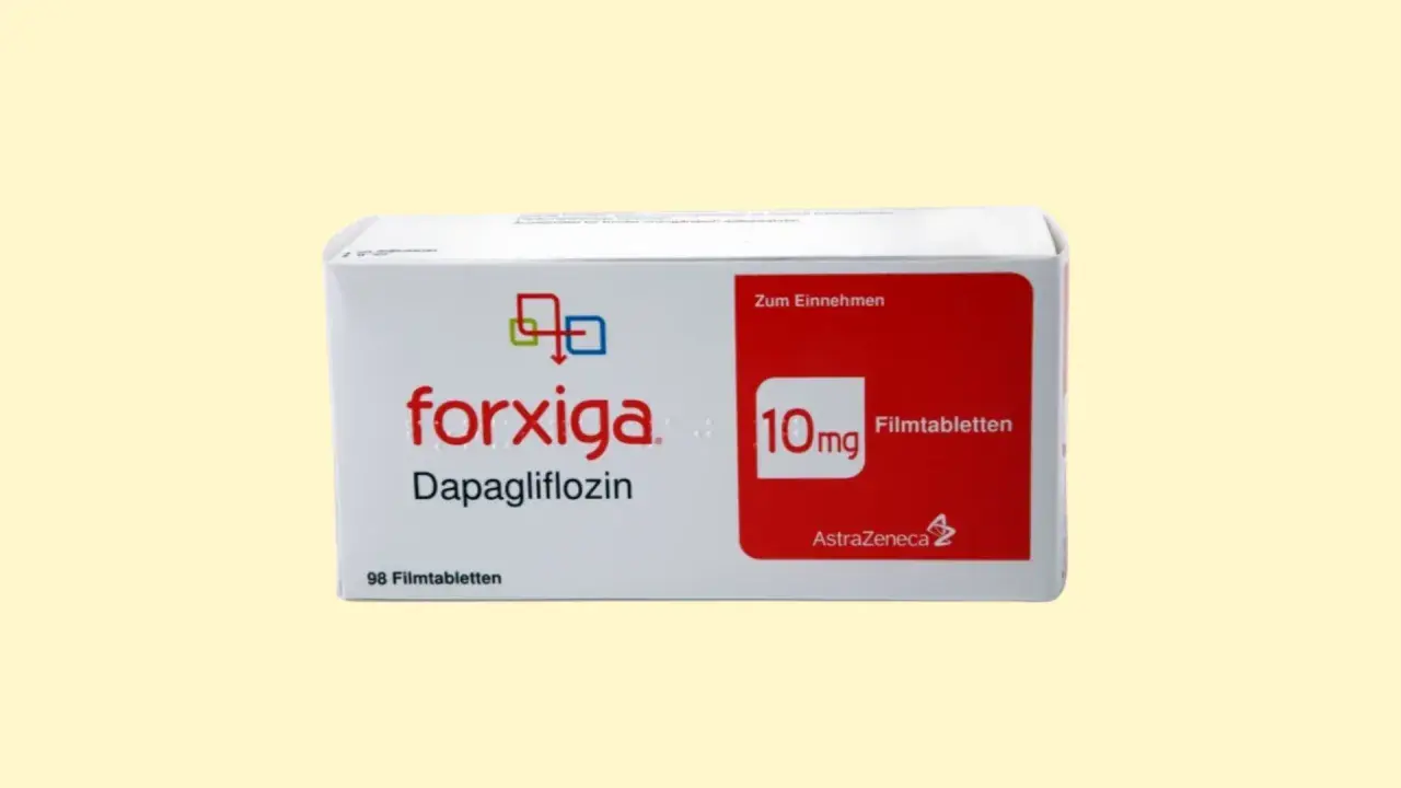 Opakowanie leku Forxiga 10 mg z dapaglifloziną, stosowanego w leczeniu cukrzycy typu 2.