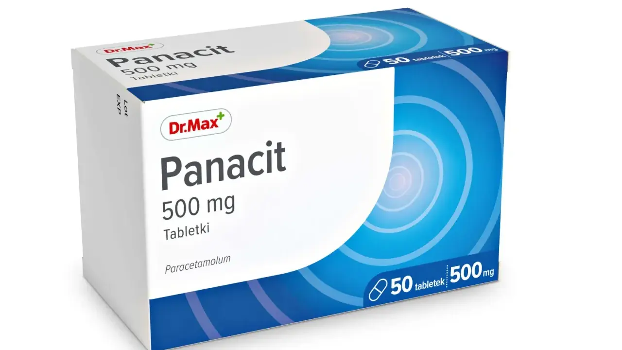 Opakowanie leku Panacit 500 mg, zawierające 50 tabletek z paracetamolem. Idealny na ból głowy.