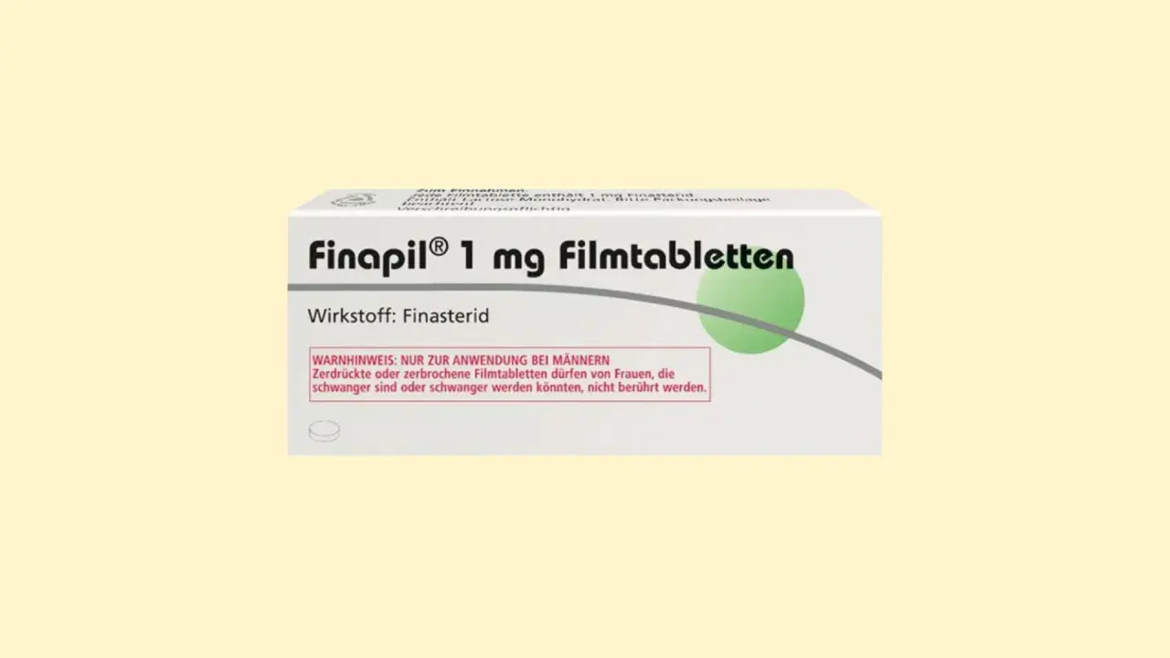 Opakowanie leku Finapil 1 mg z substancją czynną finasterydem. Stosowany u mężczyzn, ostrzeżenie dla kobiet w ciąży.