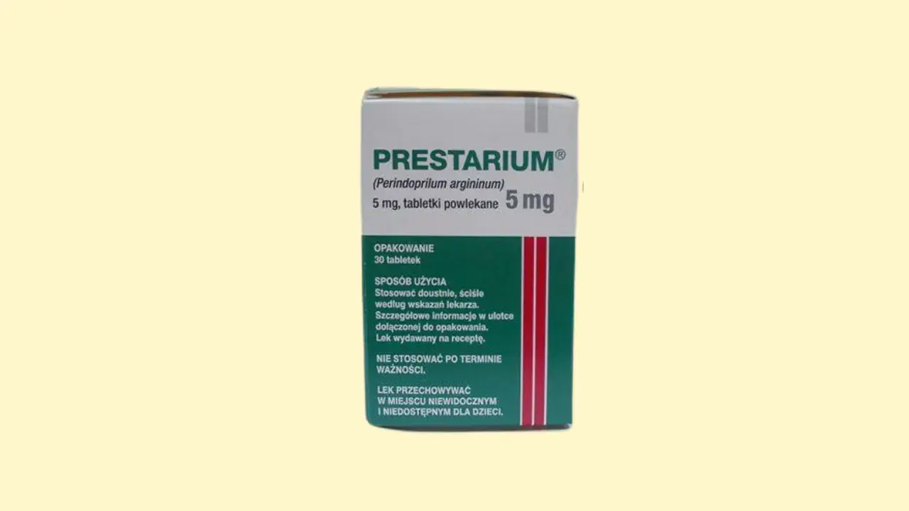 Opakowanie leku Prestarium 5 mg, zawierające 30 tabletek powlekanych. Stosować doustnie zgodnie z zaleceniami lekarza.