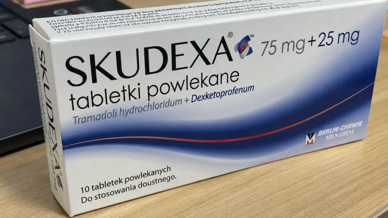 Opakowanie leku Skudexa 75 mg + 25 mg, zawierające 10 tabletek powlekanych tramadolu i deksketoprofenu.