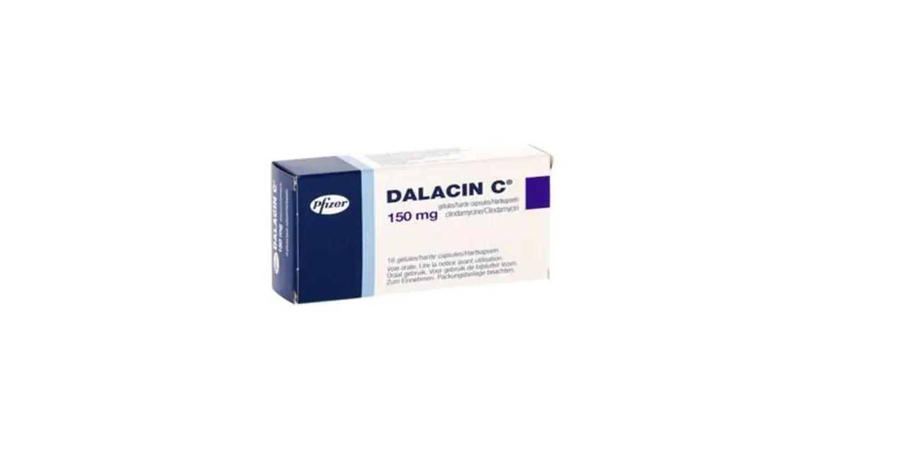 Opakowanie leku Dalacin C 150 mg, zawierającego klindamycynę, stosowanego w leczeniu infekcji bakteryjnych.