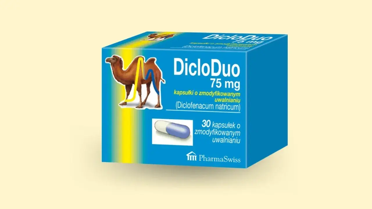 Opakowanie leku DicloDuo 75 mg z wielbłądem. Czy dicloduo jest szkodliwy? Zawsze konsultuj się z lekarzem.