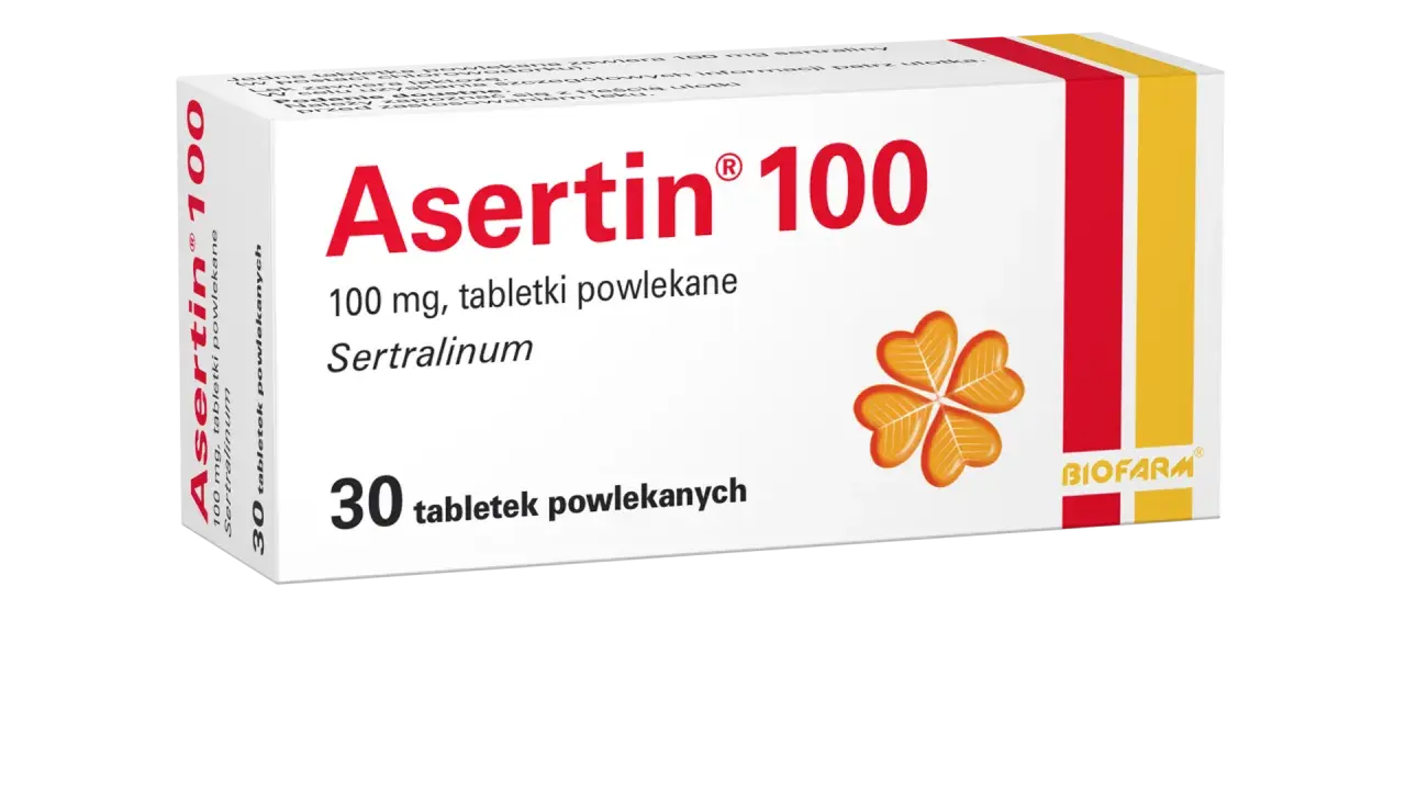 Opakowanie leku Asertin 100 mg, zawierającego sertralinę. Przed zastosowaniem należy zapoznać się z ulotką, aby poznać potencjalne asertin skutki uboczne.