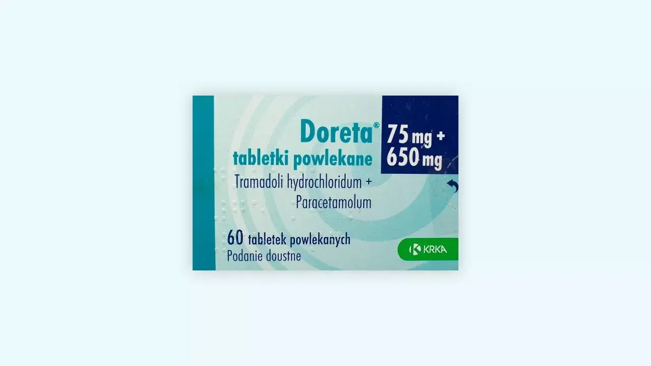 Opakowanie leku Doreta 75 mg + 650 mg, zawierające 60 tabletek powlekanych do podania doustnego. Dawkowanie należy ustalić z lekarzem.