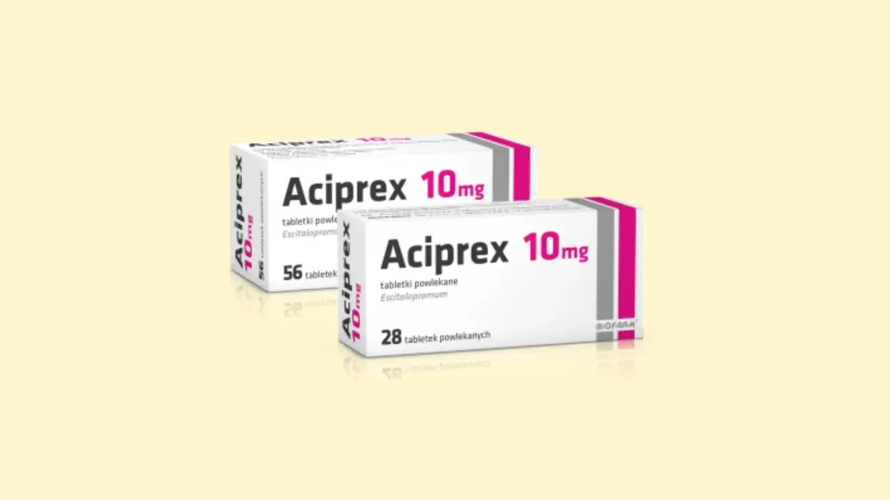Opakowania leku Aciprex 10mg, zawierające escitalopram. Stosowany na depresję i zaburzenia lękowe.