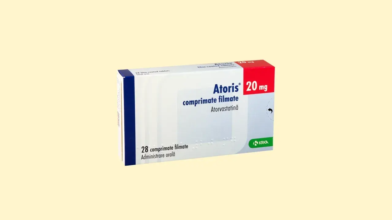 Opakowanie tabletek na cholesterol na receptę Atoris 20 mg, zawierające 28 sztuk.