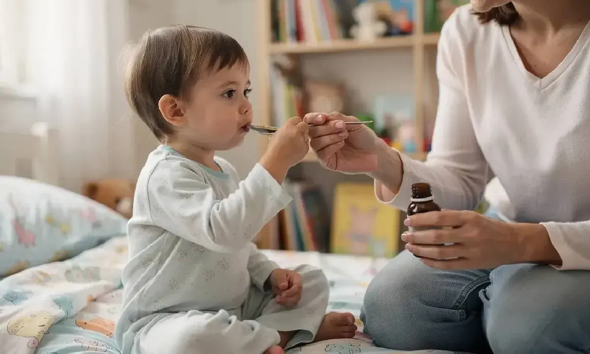 Mama podaje dziecku syrop na uspokojenie. Maluch siedzi na łóżku, przyjmując lek z łyżeczki.