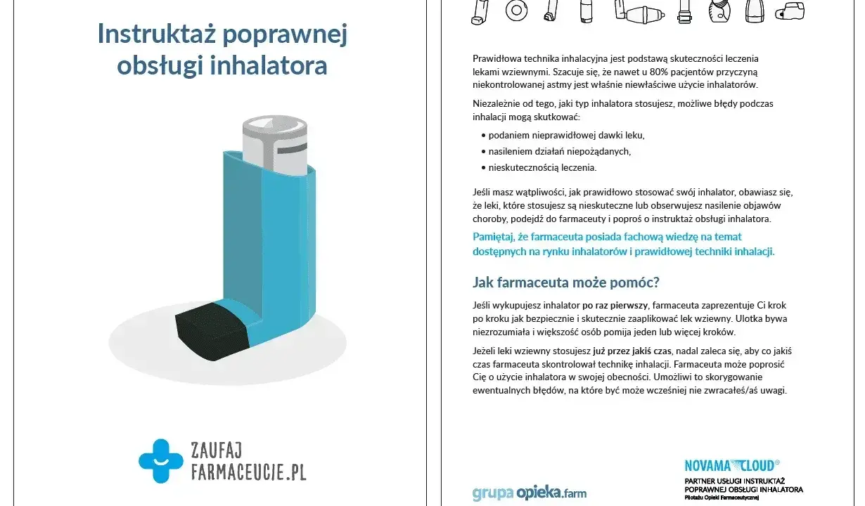 Instruktaż poprawnej obsługi inhalatora. Prawidłowa technika jest kluczowa, by leki wziewne działały. Zapytaj farmaceutę, **na co** zwrócić uwagę przy astmie.