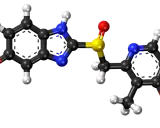 Model cząsteczki leku mesopral 40 mg. Atom węgla, wodoru, azotu, tlenu i siarki.