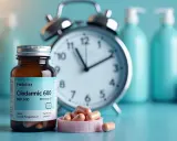 Antybiotyk Clindamycin 600 w kapsułkach, obok budzika. Ważne jest regularne przyjmowanie leku.