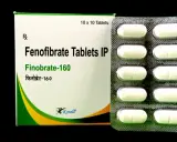 Opakowanie i blister z tabletkami Finobrate-160, zawierającymi fenofibrat. Lek ten, podobnie jak Lipanthyl Supra 215, pomaga w regulacji poziomu lipidów.