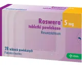Opakowanie leku Roswera 5 mg, zawierające 28 tabletek powlekanych. Przed zastosowaniem należy zapoznać się z ulotką dotyczącą roswera skutki uboczne.