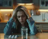 Młoda kobieta z bólem głowy, obok tabletki Kostarox 60 mg, które pomagają na stany zapalne i ból.