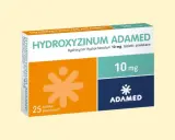 Opakowanie leku Hydroxyzine Adamed 10 mg, zawierające 25 tabletek powlekanych.