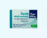 Opakowanie leku Doreta 75 mg + 650 mg, zawierające 60 tabletek powlekanych do podania doustnego. Dawkowanie należy ustalić z lekarzem.