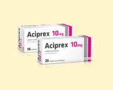 Opakowania leku Aciprex 10mg, zawierające escitalopram. Stosowany na depresję i zaburzenia lękowe.