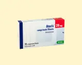 Opakowanie tabletek na cholesterol na receptę Atoris 20 mg, zawierające 28 sztuk.