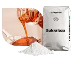 Płynna i proszkowa sukraloza, słodzik. Czy sukraloza jest szkodliwa? Worek z napisem "Sukraloza" i logo Foodcom.