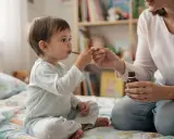 Mama podaje dziecku syrop na uspokojenie. Maluch siedzi na łóżku, przyjmując lek z łyżeczki.