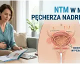 Kobieta z bólem brzucha czyta ulotkę o NTM w pęcherzu nadreaktywnym. Grafika pokazuje nadreaktywność i parcie.