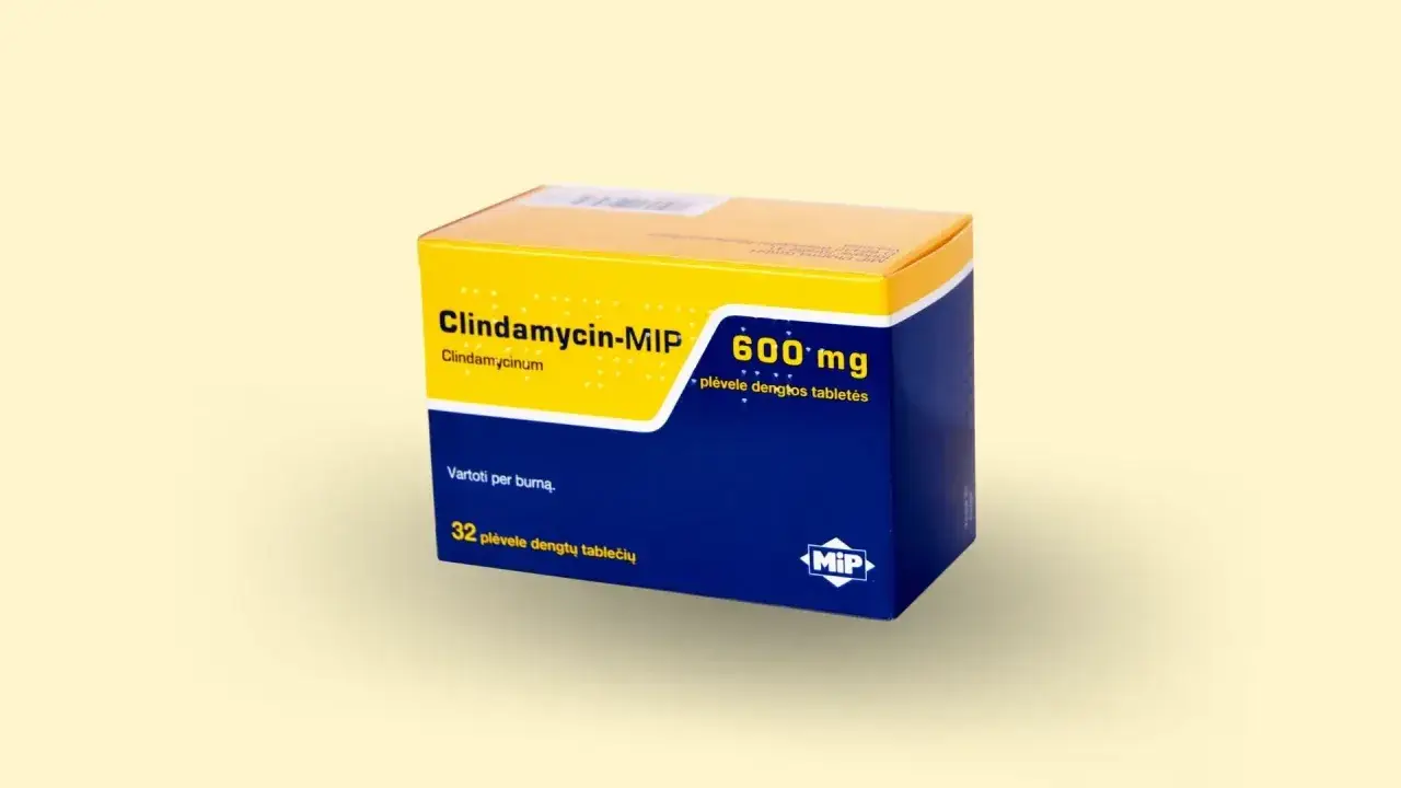 Opakowanie leku Clindamycin-MIP 600 mg, zawierające 32 tabletki powlekane.