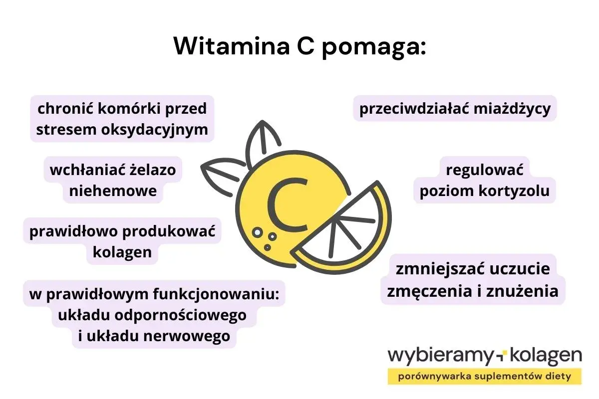 Witamina C pomaga chronić komórki, wchłaniać żelazo, produkować kolagen, przeciwdziałać miażdżycy, regulować kortyzol i zmniejszać zmęczenie.