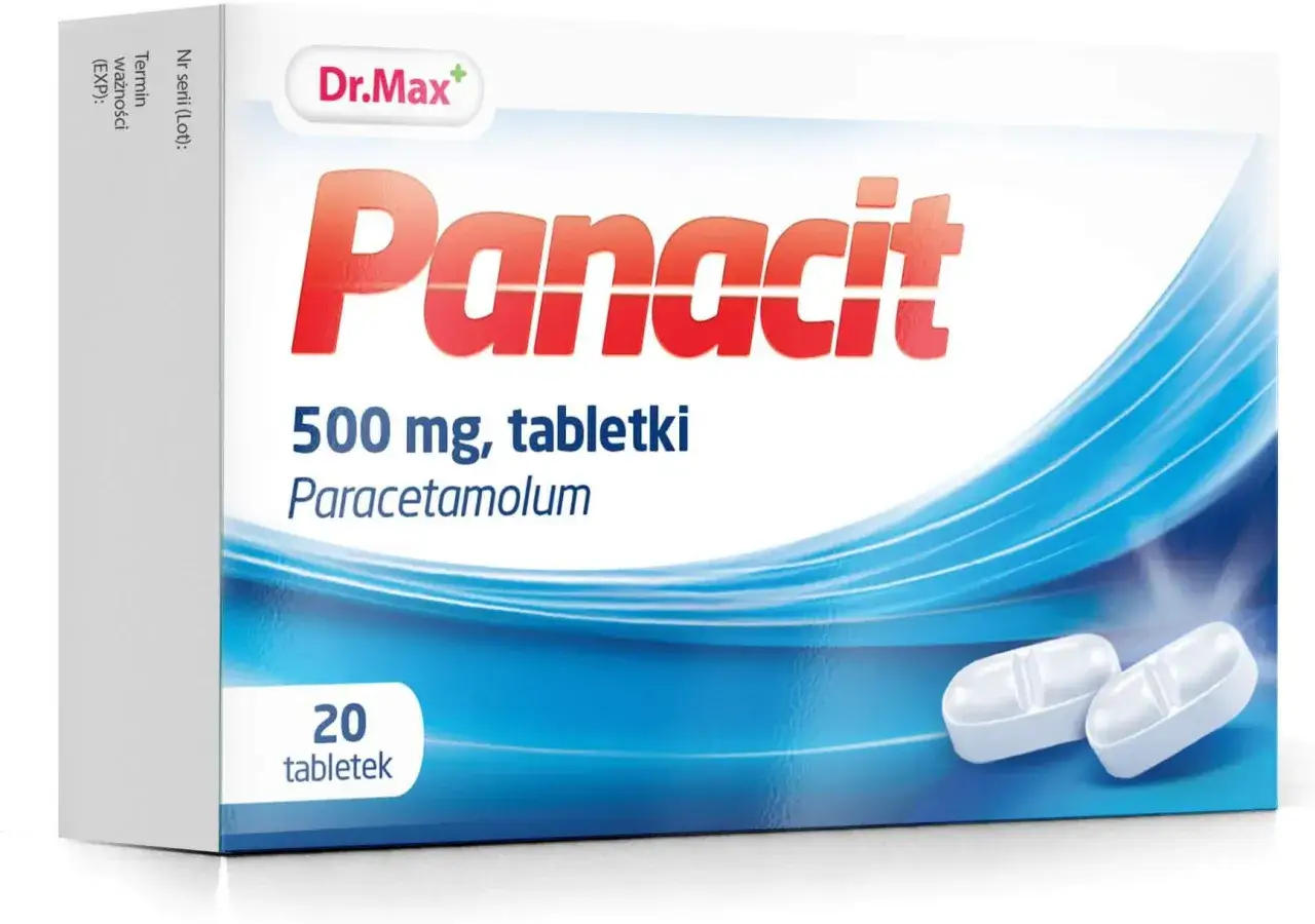 Opakowanie leku Panacit 500 mg z paracetamolem, 20 tabletek. Na co panacit? Na ból i gorączkę.