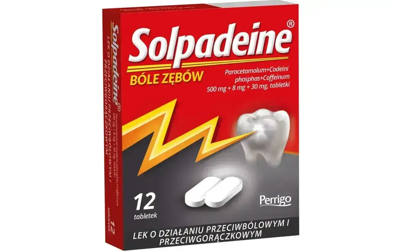 Opakowanie leku Solpadeine na bóle zębów, zawierające paracetamol. W zestawie 12 tabletek.