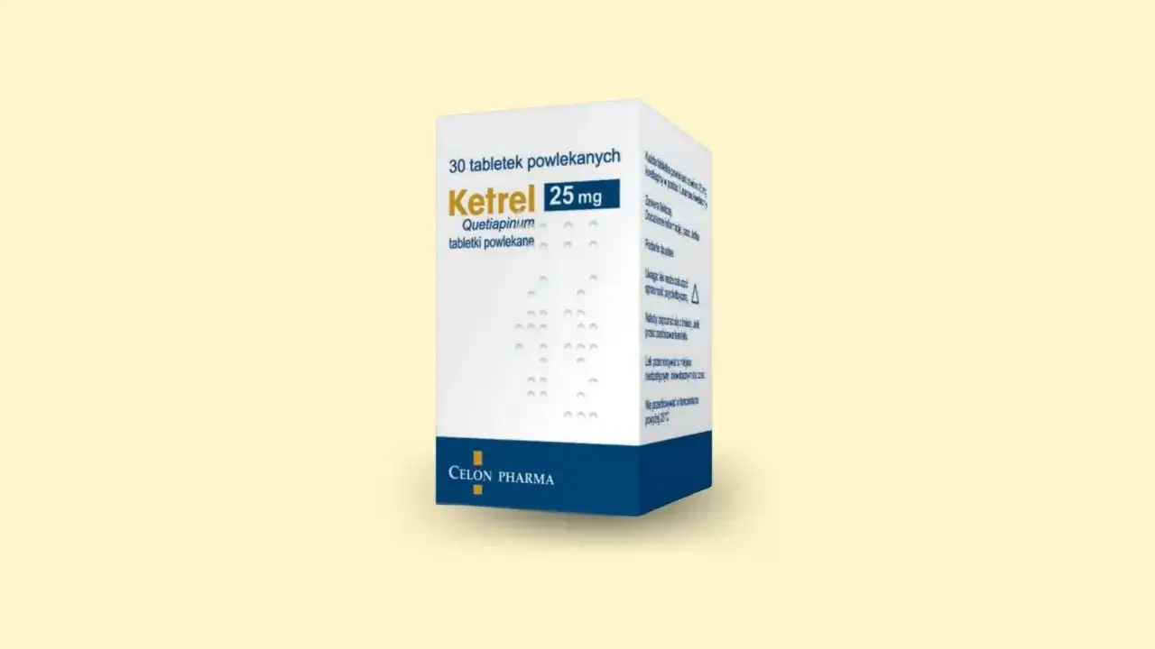 Opakowanie leku Ketrel 25 mg, zawierające 30 tabletek powlekanych z kwetiapiną.