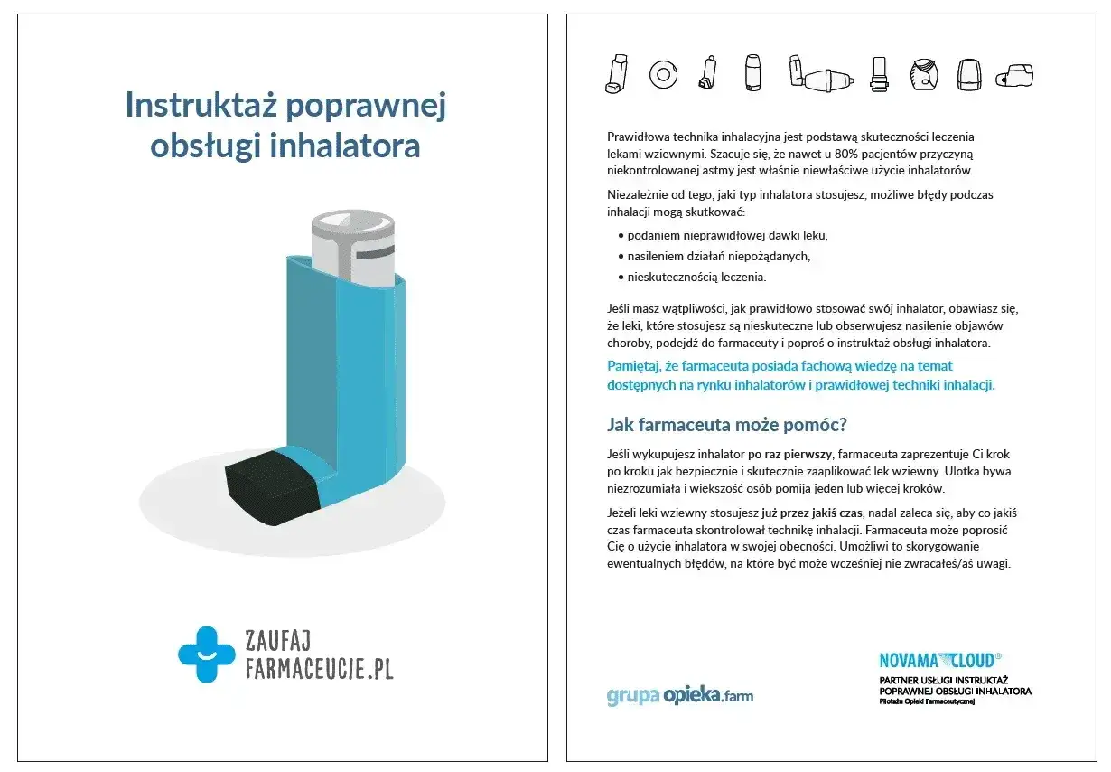 Instruktaż poprawnej obsługi inhalatora. Prawidłowa technika jest kluczowa, by leki działały skutecznie. Zapytaj farmaceutę, na co zwrócić uwagę przy astmie.