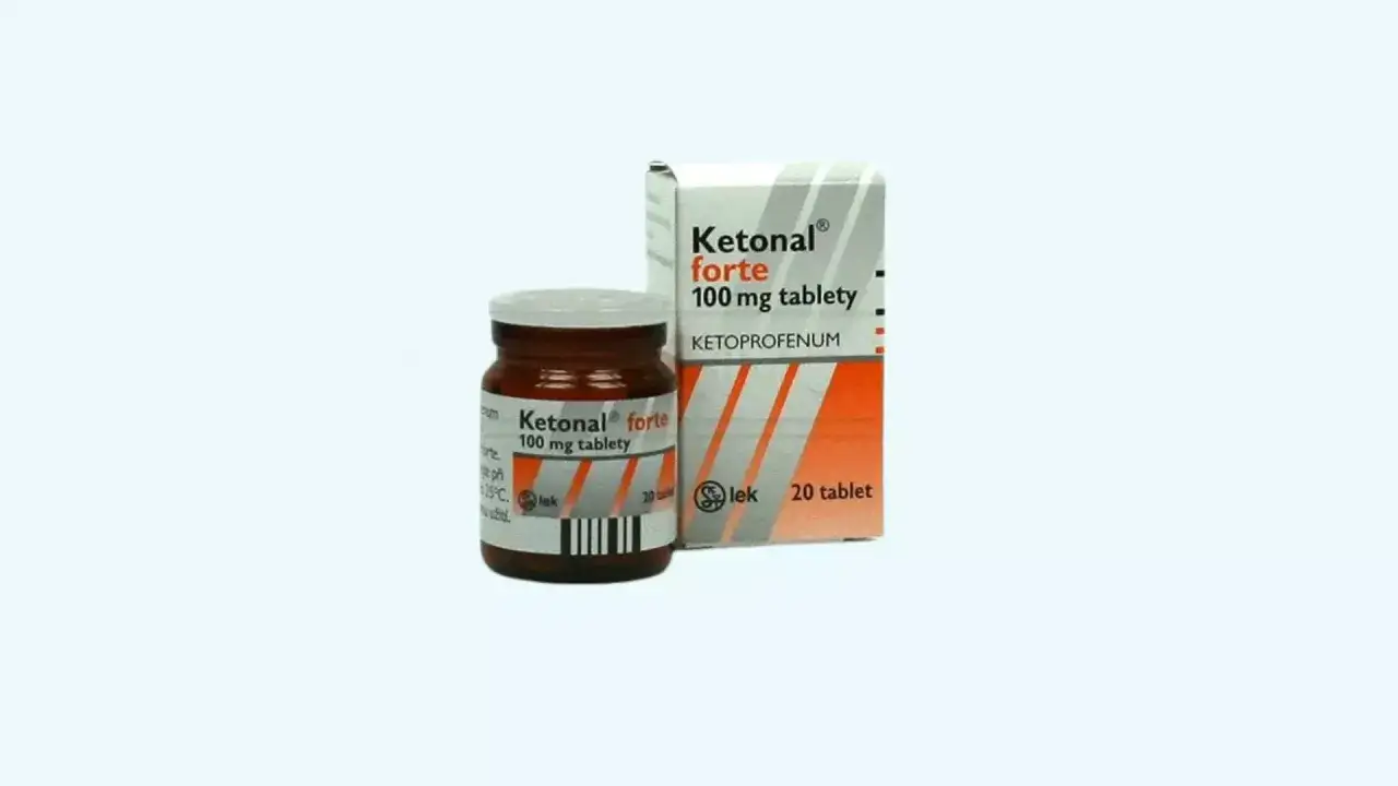 Opakowanie leku Ketonal forte 100 mg, który jest dostępny na receptę. Zawiera 20 tabletek.