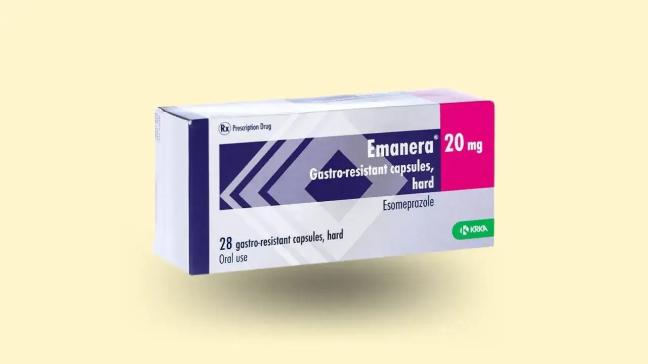 Opakowanie leku Emanera 20 mg, zawierające 28 kapsułek gastroopornochłonnych. Stosowany doustnie, pomaga na problemy z żołądkiem.