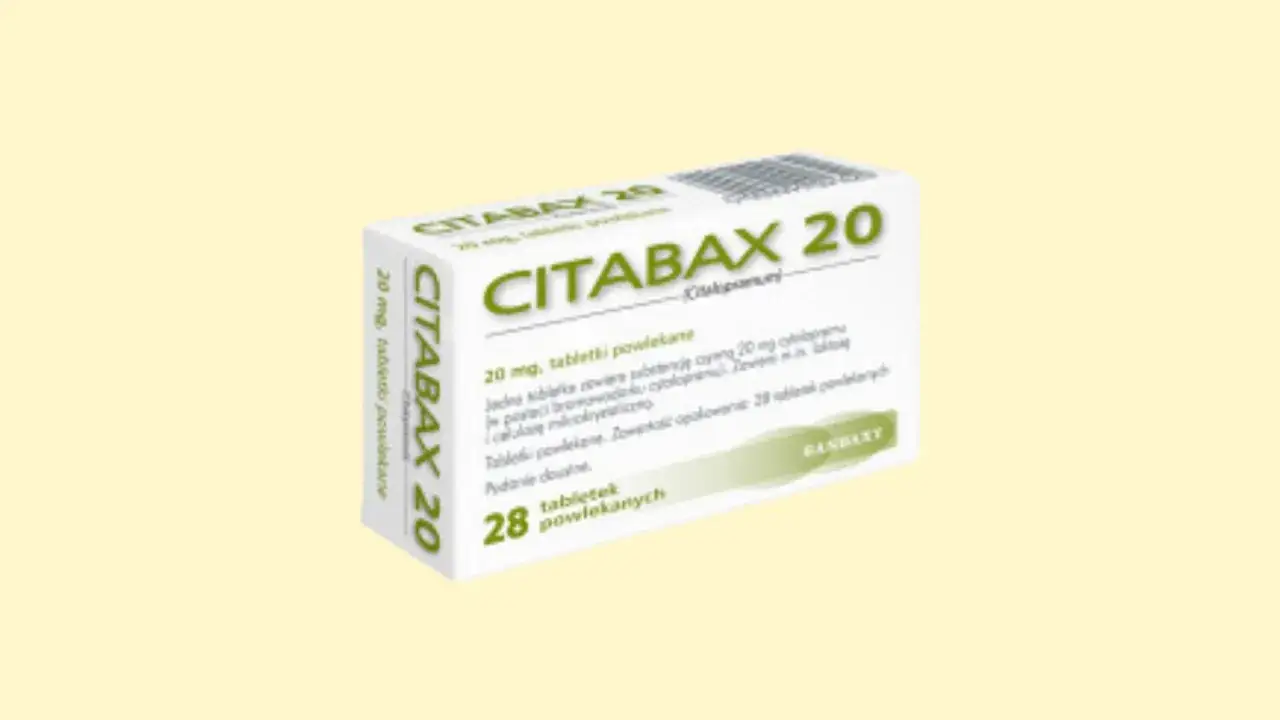 Opakowanie leku Citabax 20 mg, stosowanego w leczeniu depresji. Zawiera 28 tabletek powlekanych.
