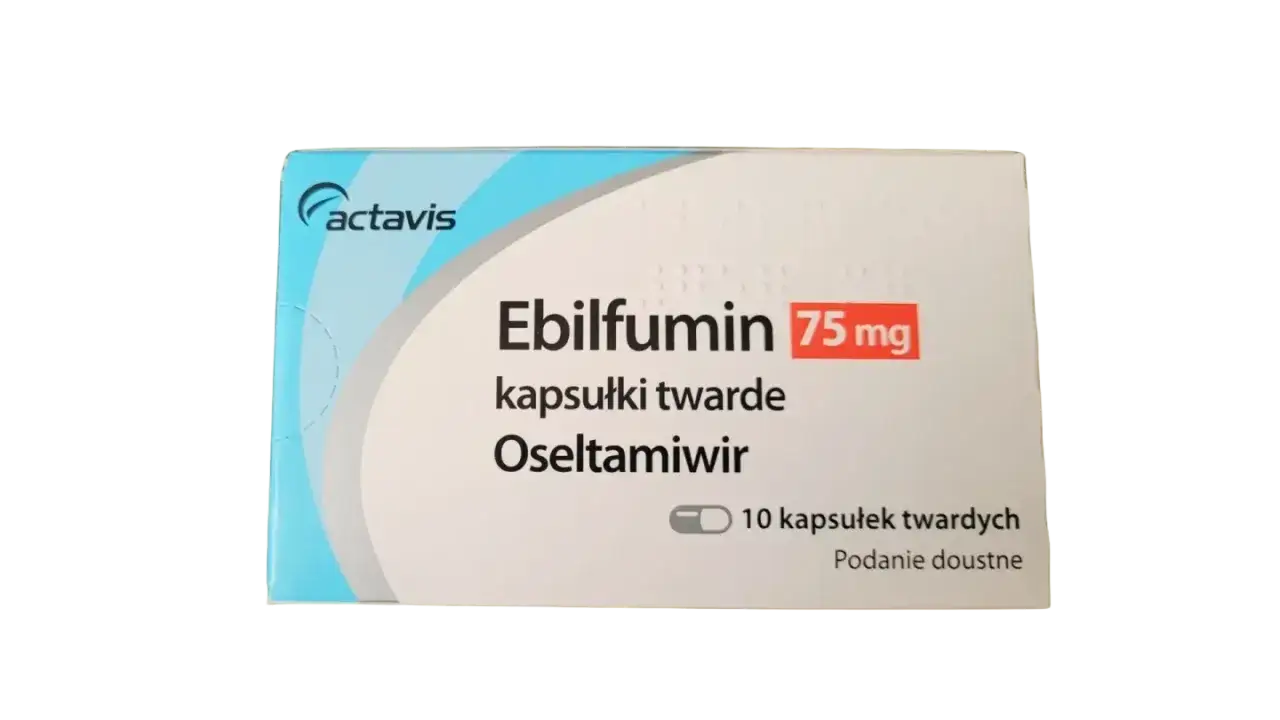 Opakowanie Ebilfumin 75 mg, kapsułki twarde. Przed zastosowaniem leku należy zapoznać się z ulotką dotyczącą ebilfumin skutki uboczne.