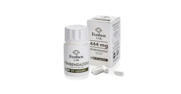 Opakowanie i kapsułki Fenbendazolu 444 mg od Fenben LAB. Produkt laboratoryjnie testowany, czystość >99%. Fenbendazol dla ludzi.