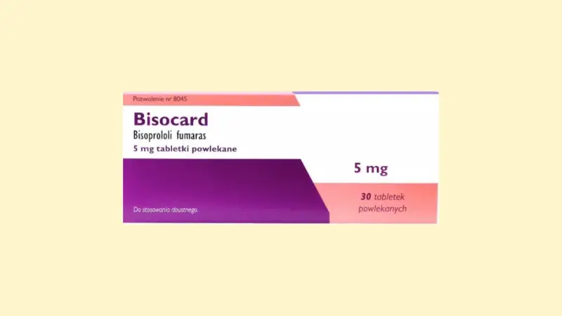 Opakowanie leku Bisocard, zawierające 30 tabletek 5 mg bisoprololu fumaranu, stosowane na nadciśnienie i inne schorzenia serca.